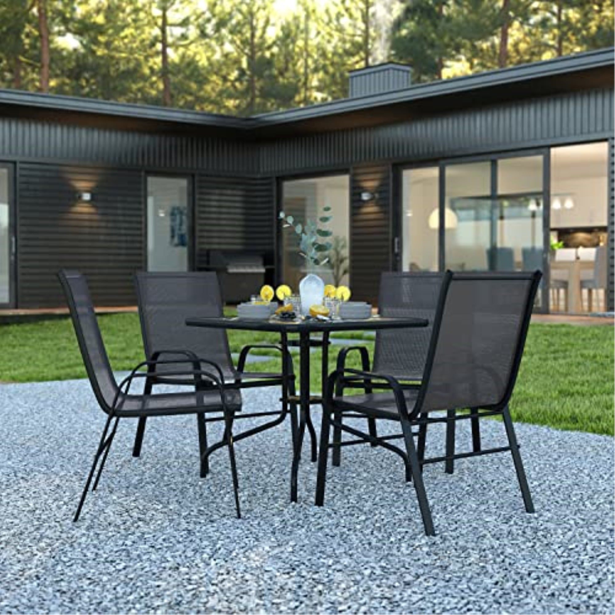 Flash Furniture Brazos Series 5-Piece Steel Glass Patio Table and Chair Set. Black