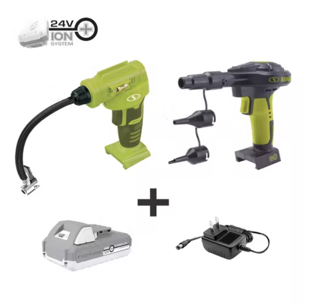 Sun Joe 24V-AJC-AJV-LTE 24V iON+ High Volume Inflator & Portable Air Compressor Kit | w/ 2.0-Ah Battery + Charger. Storage Bag. 3 Inflation Adapters. and Nozzle Pin Attachments