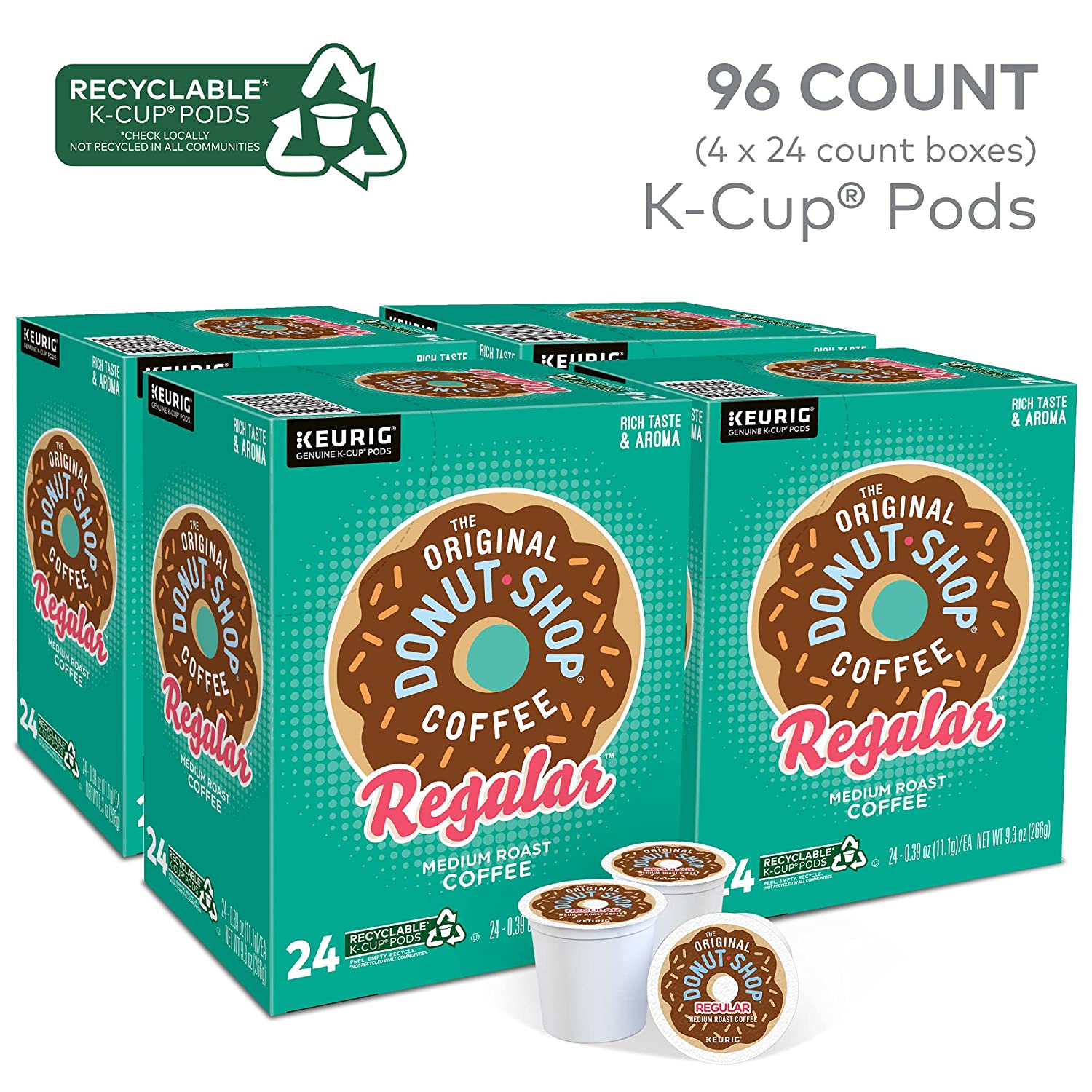 The Original Donut Shop Regular. Single-Serve Keurig K-Cup Pods. Medium Roast Coffee Pods. 24 Count (Pack of 4)