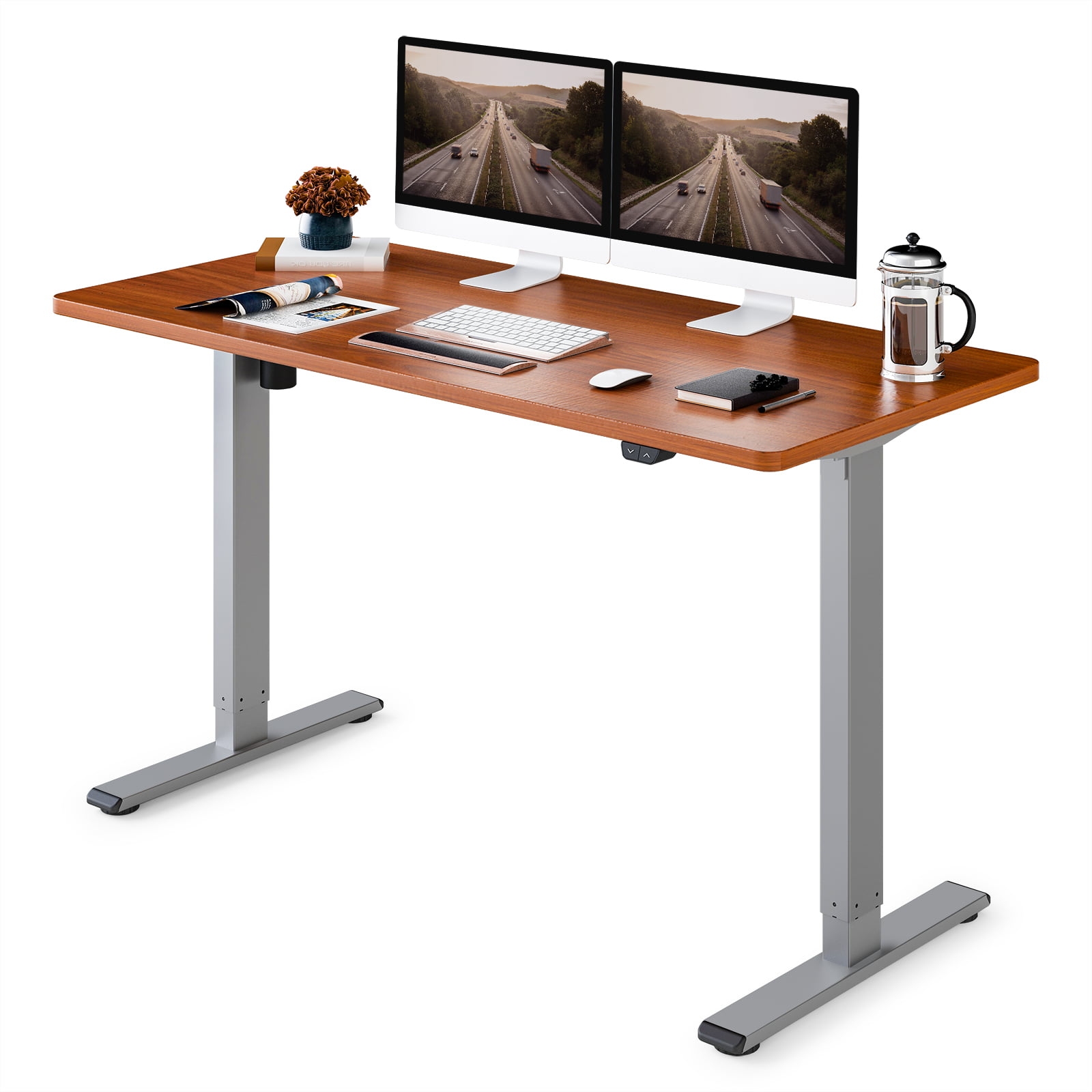 FLEXISPOT 55″x28″ Ergonomic Home Office Electric Height Adjustable Standing Desk Gray and Mahogany
