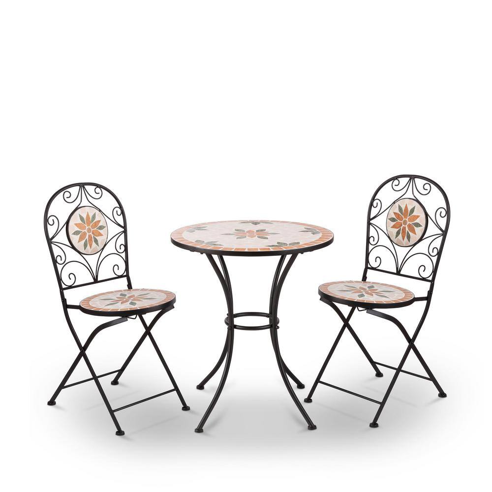 Alpine Corporation  Indoor/Outdoor 3-Piece Mosaic Bistro Set Folding Table and Chairs Patio Seating. Tan