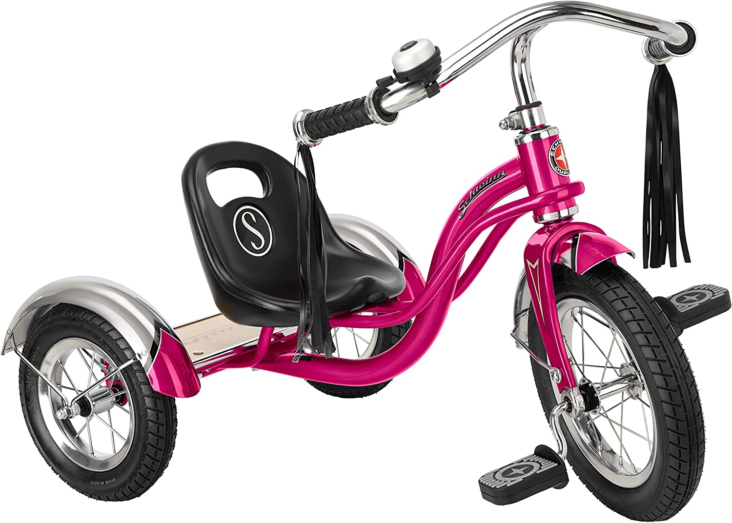 Schwinn Roadster Bike for Toddlers. Kids Classic Tricycle. Boys and Girls Ages 2 - 4 Years Old. Steel Trike Frame. Rear Deck Made of Genuine Wood. & Fabric Tassels. Bright Pink