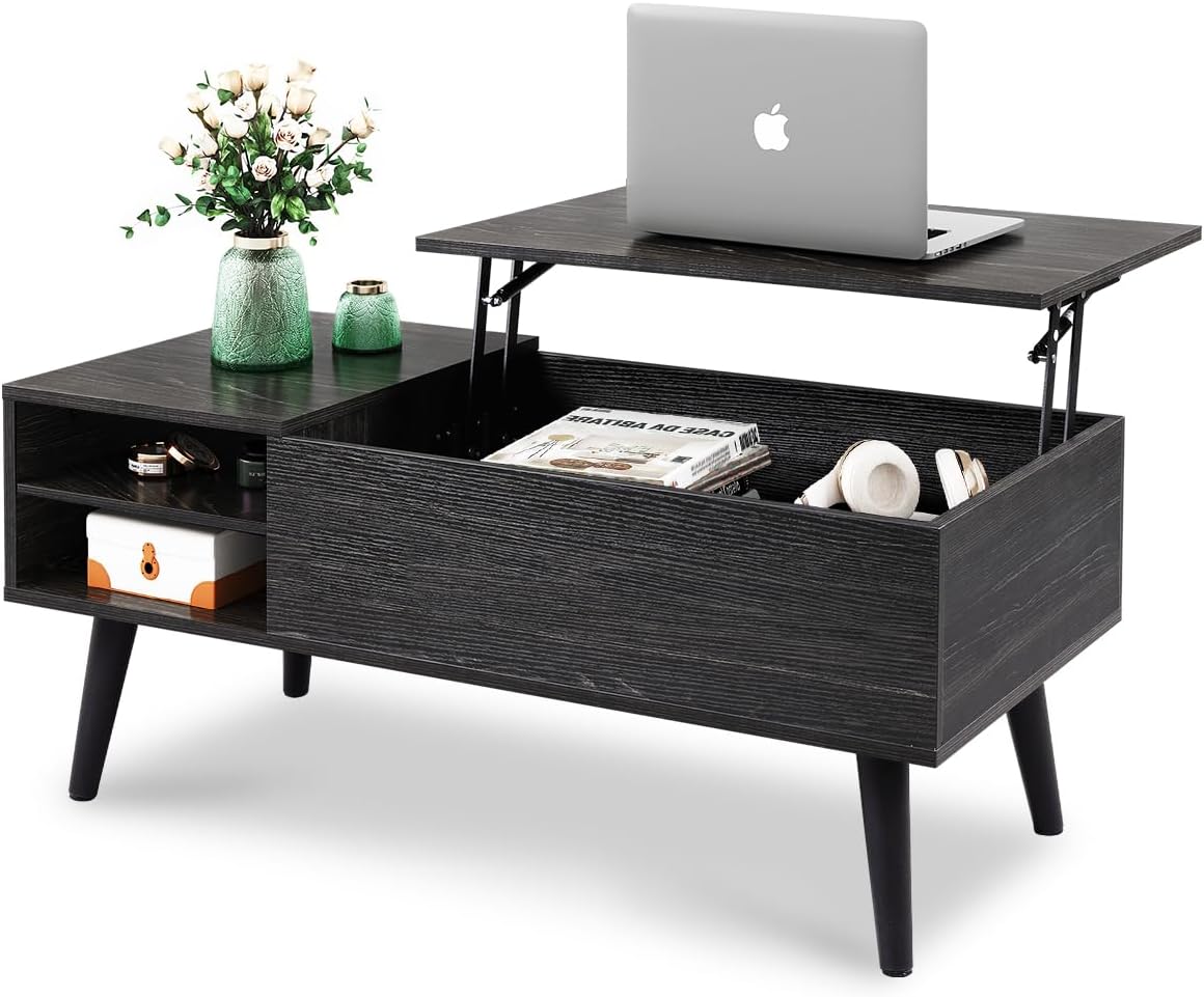 WLIVE Wood Lift Top Coffee Table with Hidden Compartment and Adjustable Storage Shelf. Lift Tabletop Dining Table for Home Living Room. Office. Charcoal Black