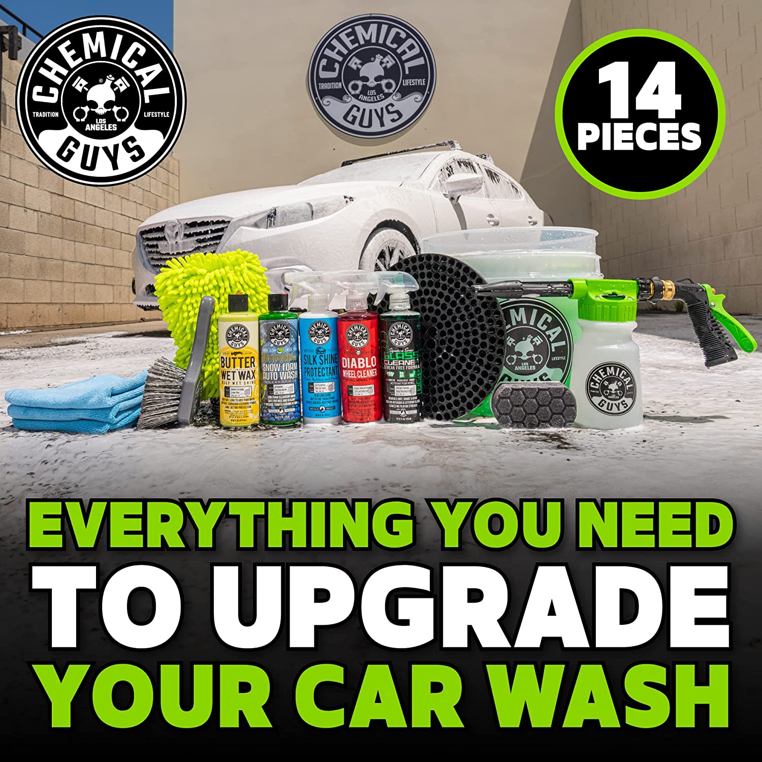 Chemical Guys HOL126 14-Piece Arsenal Builder Car Wash Kit with Foam Gun. Bucket and (5) 16 oz Car Care Cleaning Chemicals (Works w/Garden Hose) . White