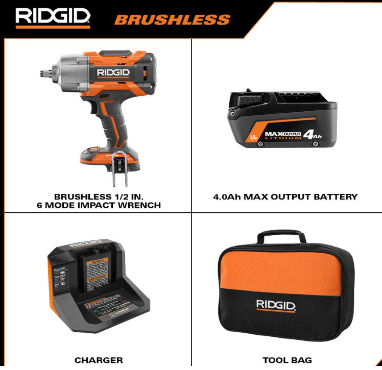 RIDGID R86211KN 18-Volts Brushless Cordless 1/2 in. High Torque 6-Mode Impact Wrench Kit with 4.0 Ah Battery and Charger