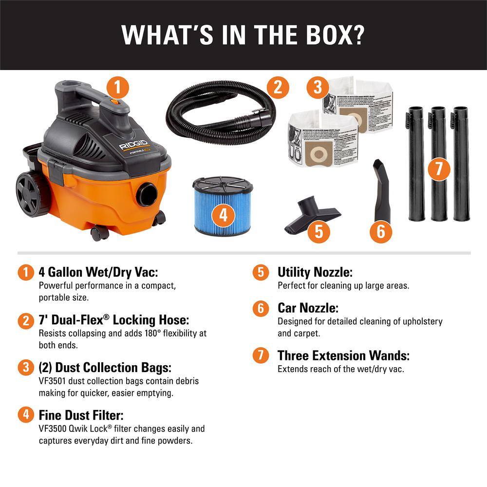 RIDGID WD4070D 4 Gallon 5.0 Peak HP Portable Wet/Dry Shop Vacuum with Fine Dust Filter. Dust Bags. Locking Hose and Accessories
