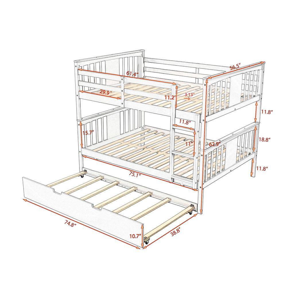 Harper & Bright Designs  White Full Wood Bunk Bed with Twin Size Trundle and Ladder