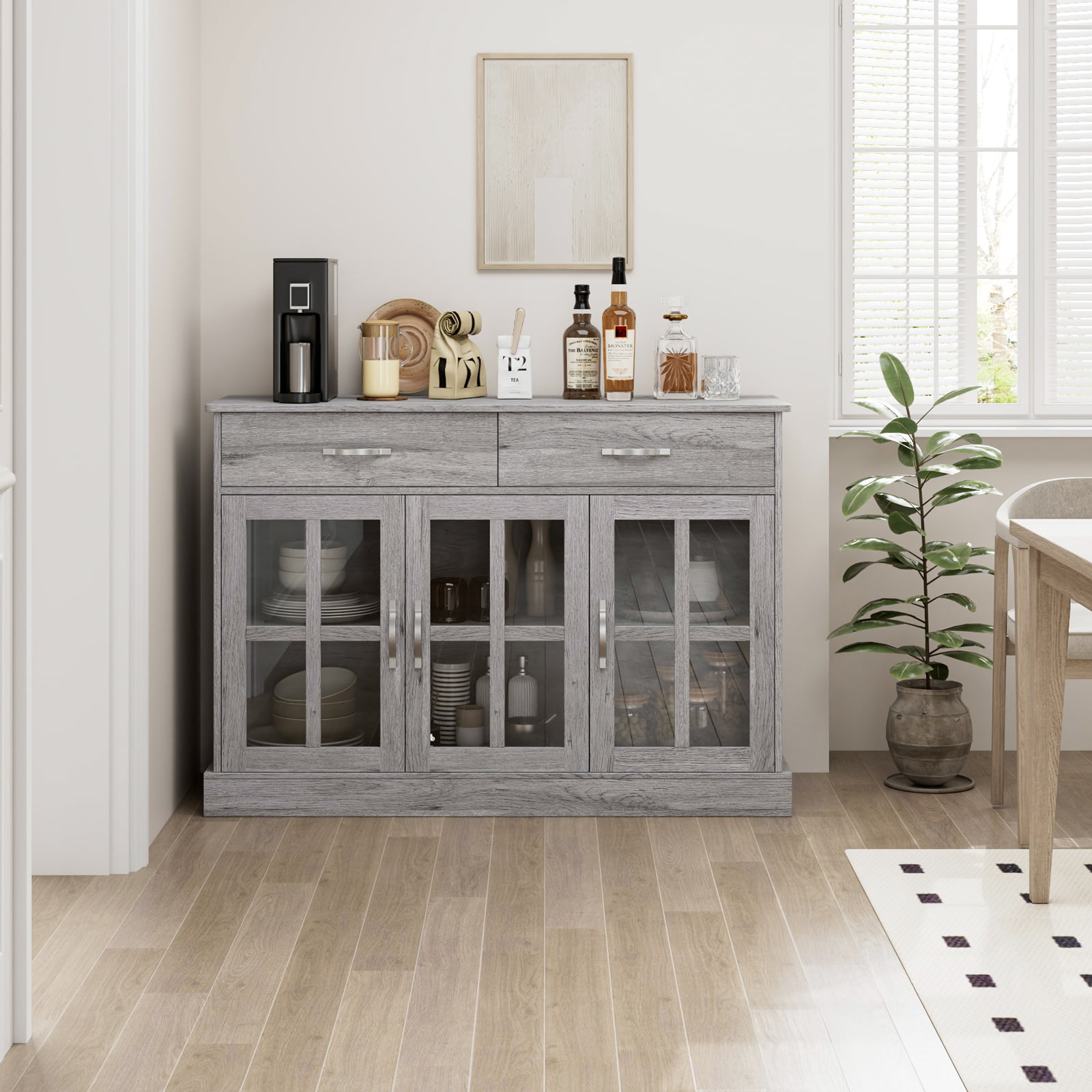 Homfa Buffet Server Cupboard. Kitchen Sideboard Cabinet with 3 Doors and 2 Drawers for Dining Room. Sliver Gray Finish