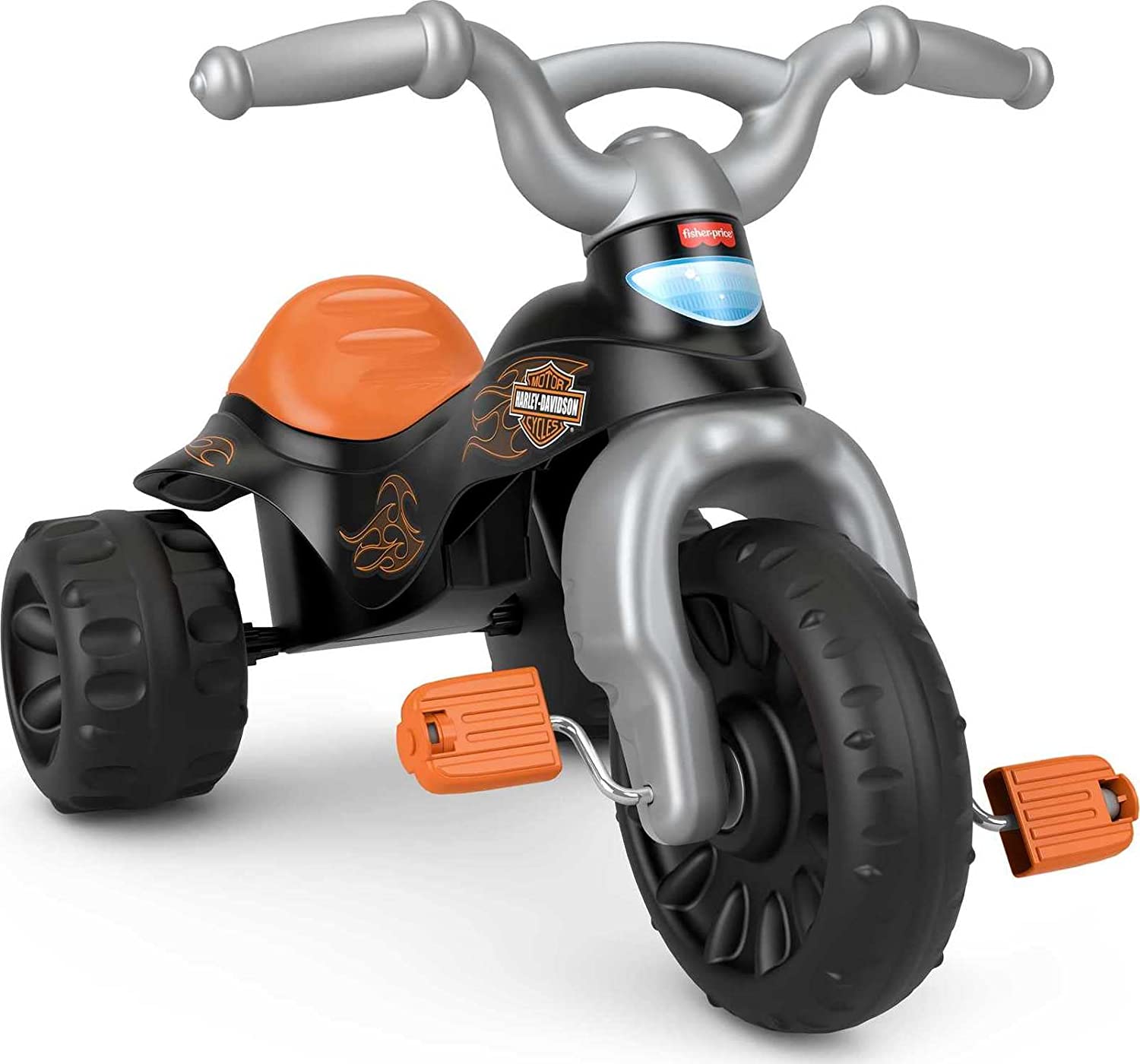 Fisher-Price Harley-Davidson Tricycle with Handlebar Grips and Storage Area. Multi-Terrain Tires. Tough Trike