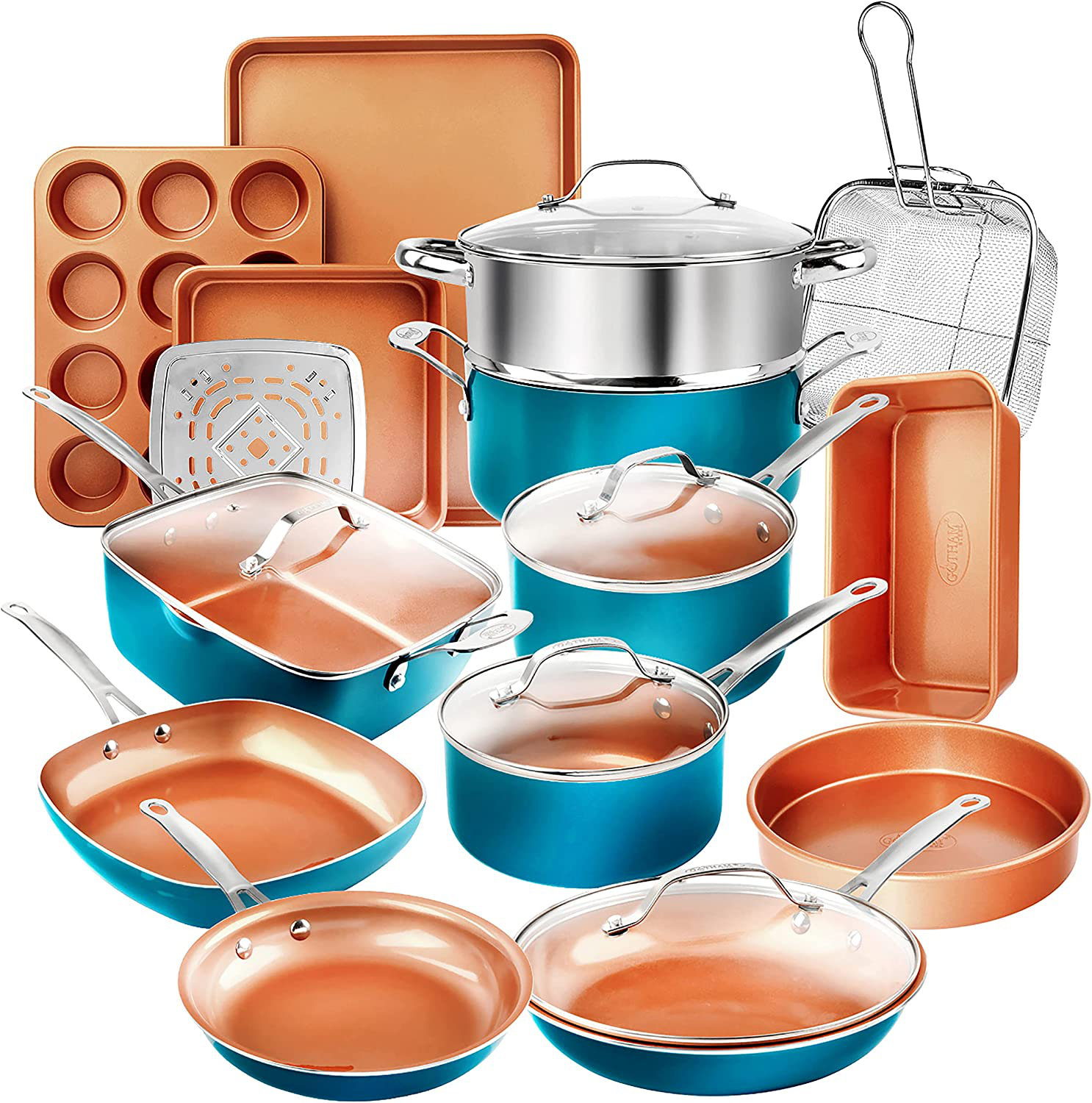 Gotham Steel Original Copper 20 Pieces Ceramic Non Stick Cookware Set with Bakeware