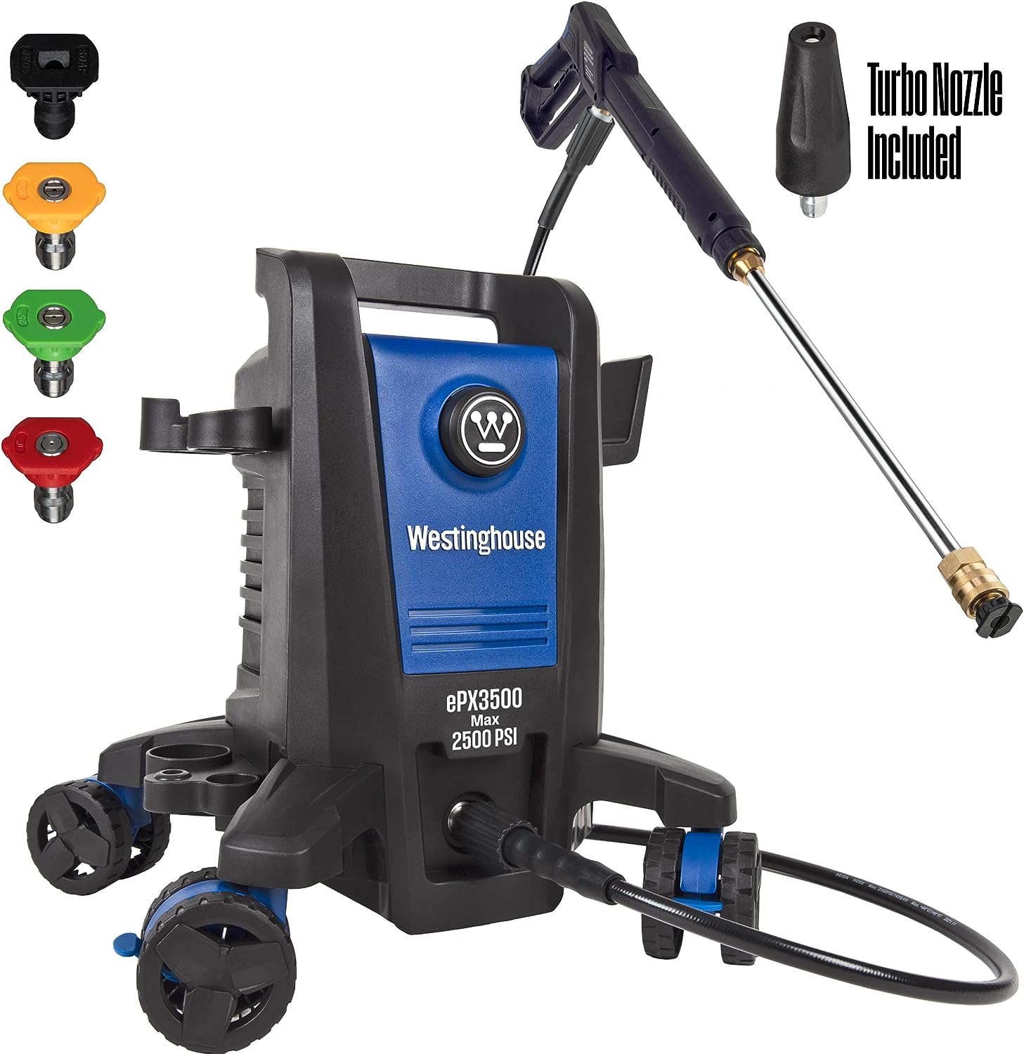Westinghouse ePX3500 Electric Pressure Washer. 2500 Max PSI 1.76 Max GPM with Anti-Tipping Technology. Onboard Soap Tank. Pro-Style Steel Wand. 5-Nozzle Set. for Cars/Fences/Driveways/Home/Patios
