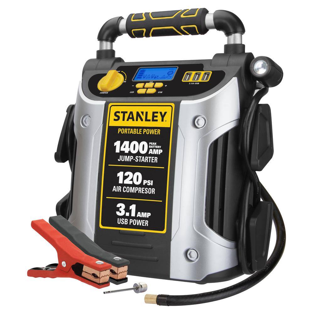 Stanley J7C09D Jump Starter. 1400 Peak Amps. 120 PSI Air Compressor. 3 USB Ports