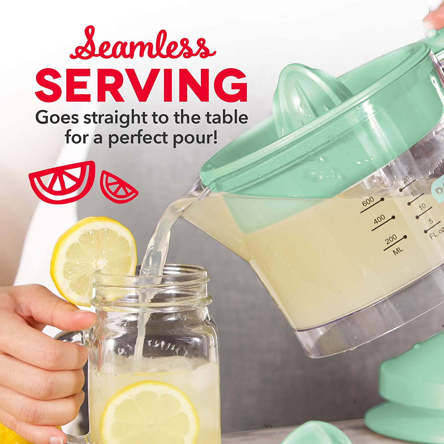 Dash Citrus Juicer Extractor: Compact Juicer for Healthy Juice. Oranges. Lemons. Limes. Grapefruit & other Citrus Fruit with Easy Pour Spout + 32 oz Pitcher - Aqua