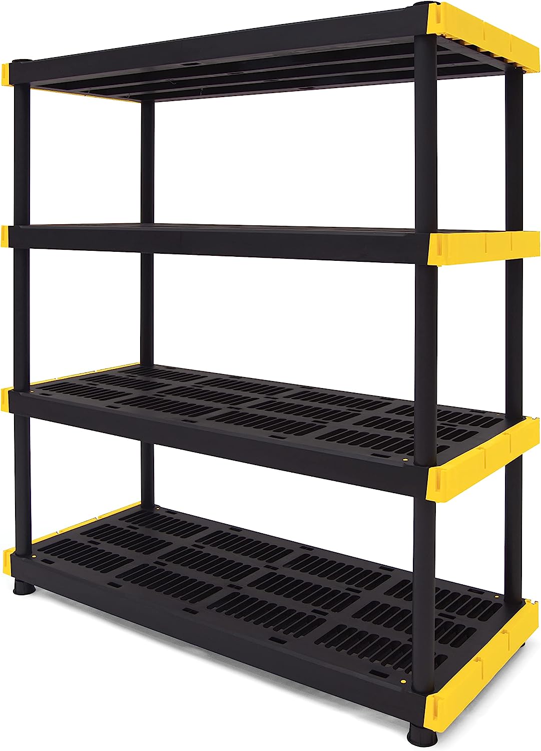 CX Black & Yellow®. 4-Tier Heavy Duty Plastic Storage Shelving Unit. 200lbs/shelf (55H x 48W x 20D). for Indoor/Outdoor Organization. Modular Rack