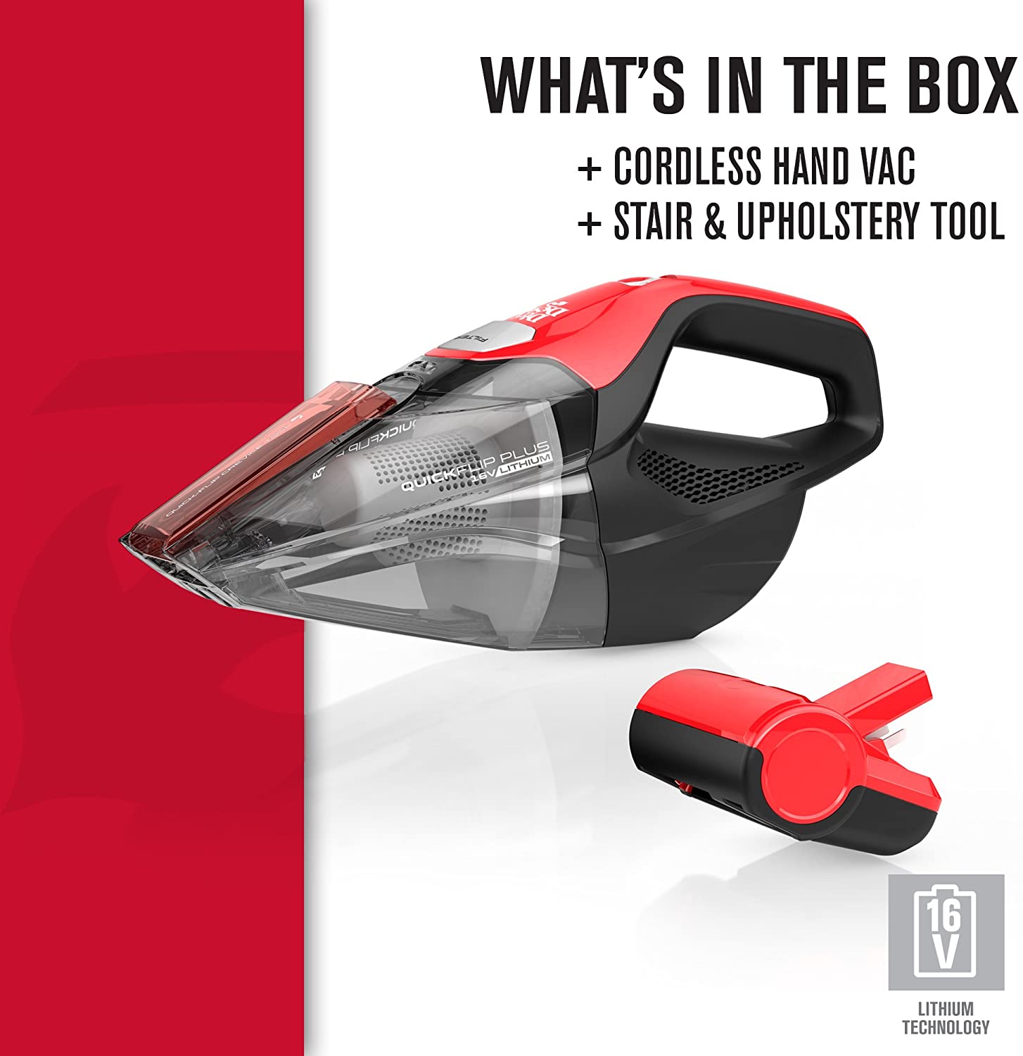 Dirt Devil Plus 16V Quick Flip Pro Cordless 16 Volt Lithium Ion Bagless Handheld Vacuum Cleaner. Red BD30025B