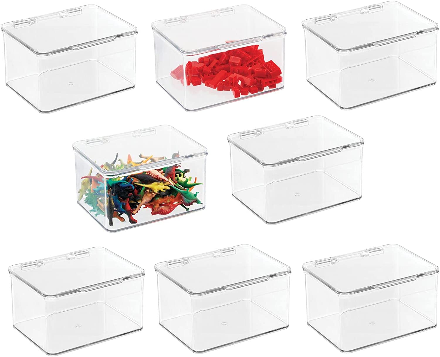 mDesign Plastic Playroom and Gaming Storage Organizer Box Containers with Hinged Lid for Shelves or Cubbies. Holds Small Toys. Building Blocks. Puzzles. Markers. Controllers; 8 Pack - Clear