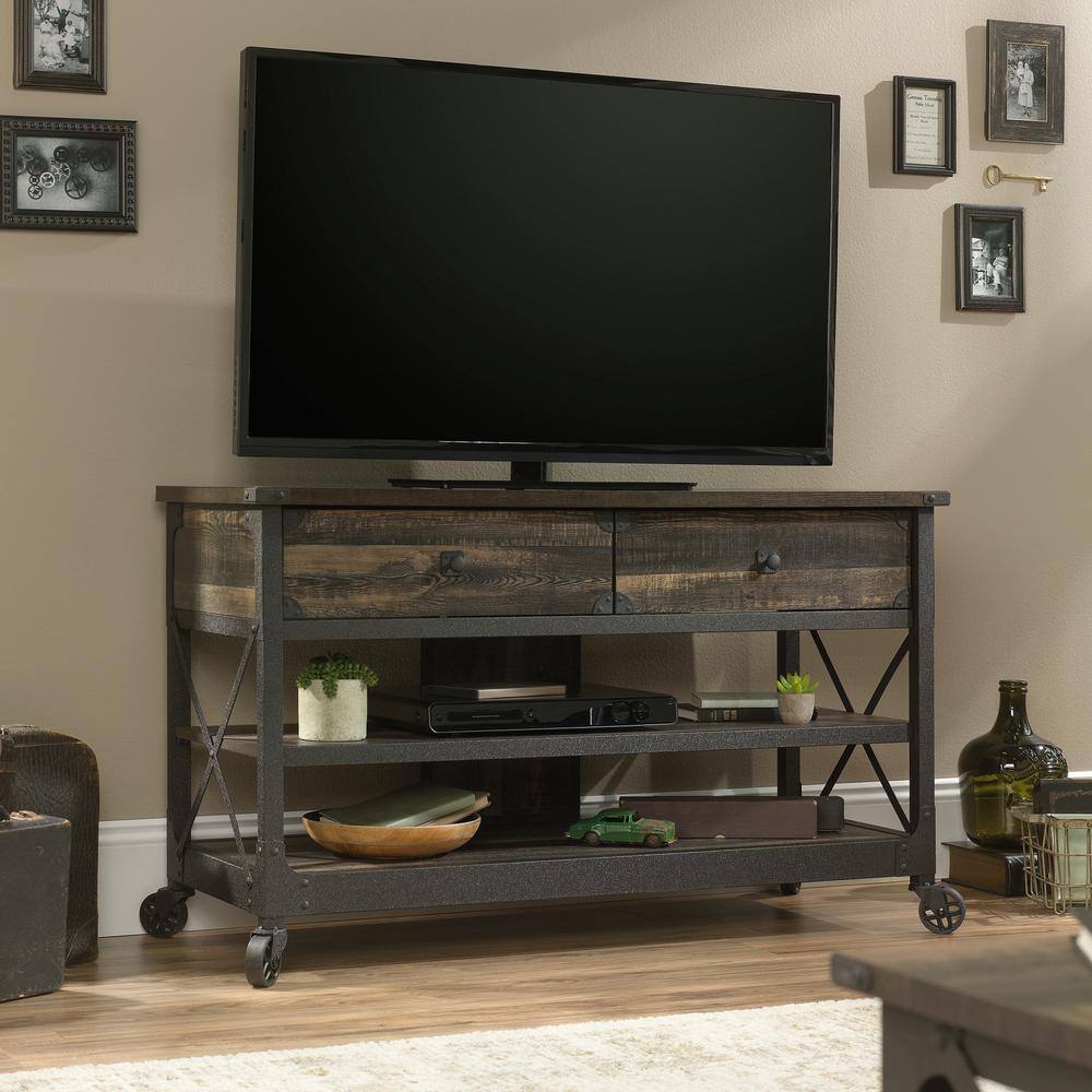 SAUDER  Steel River 49 in. Carbon Oak Particle Board TV Stand with 2 Drawer Fits TVs Up to 55 in. with Built-In Storage