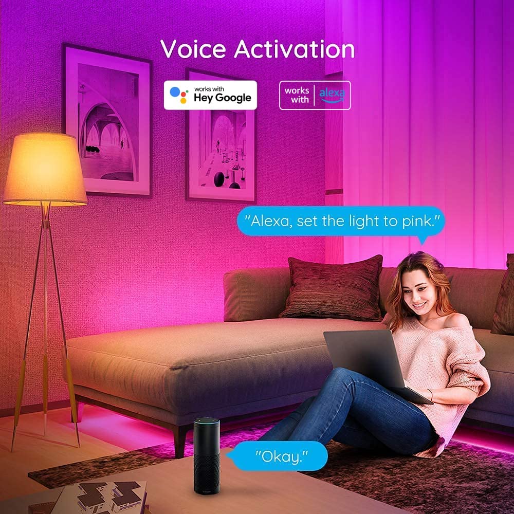Govee 65.6ft Alexa LED Strip Lights. Smart WiFi RGB Rope Light Works with Alexa Google Assistant. Remote App Control Lighting Kit. Music Sync Color Changing Lights for Bedroom. Living Room. Kitchen