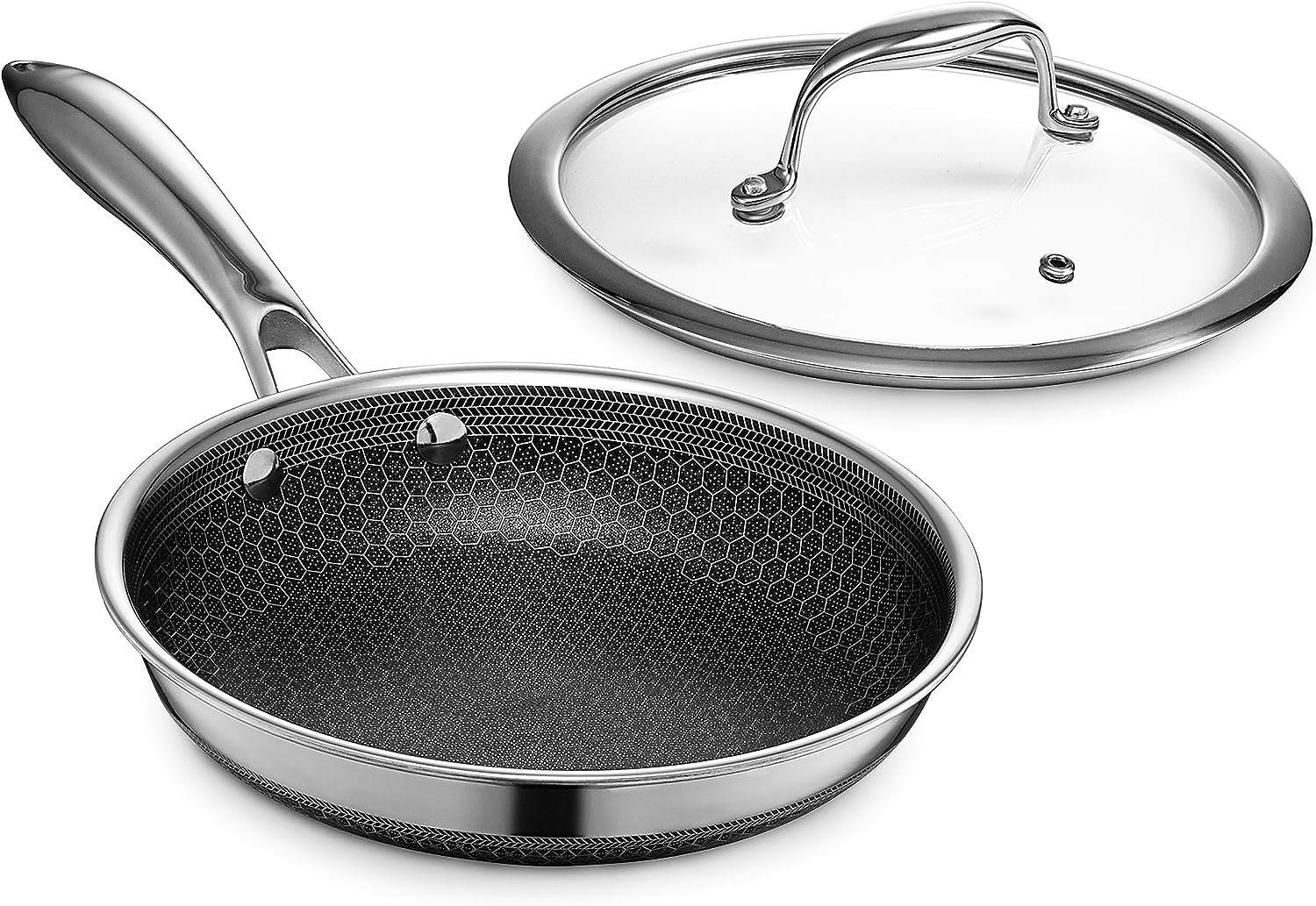 HexClad 8 Inch Hybrid Stainless Steel Cookware. Frying Pan with Cook Lid. Non-Stick. Stay Cool Handle. Dishwasher and Oven Safe. Works with Induction Cooktop. Gas. and Ceramic