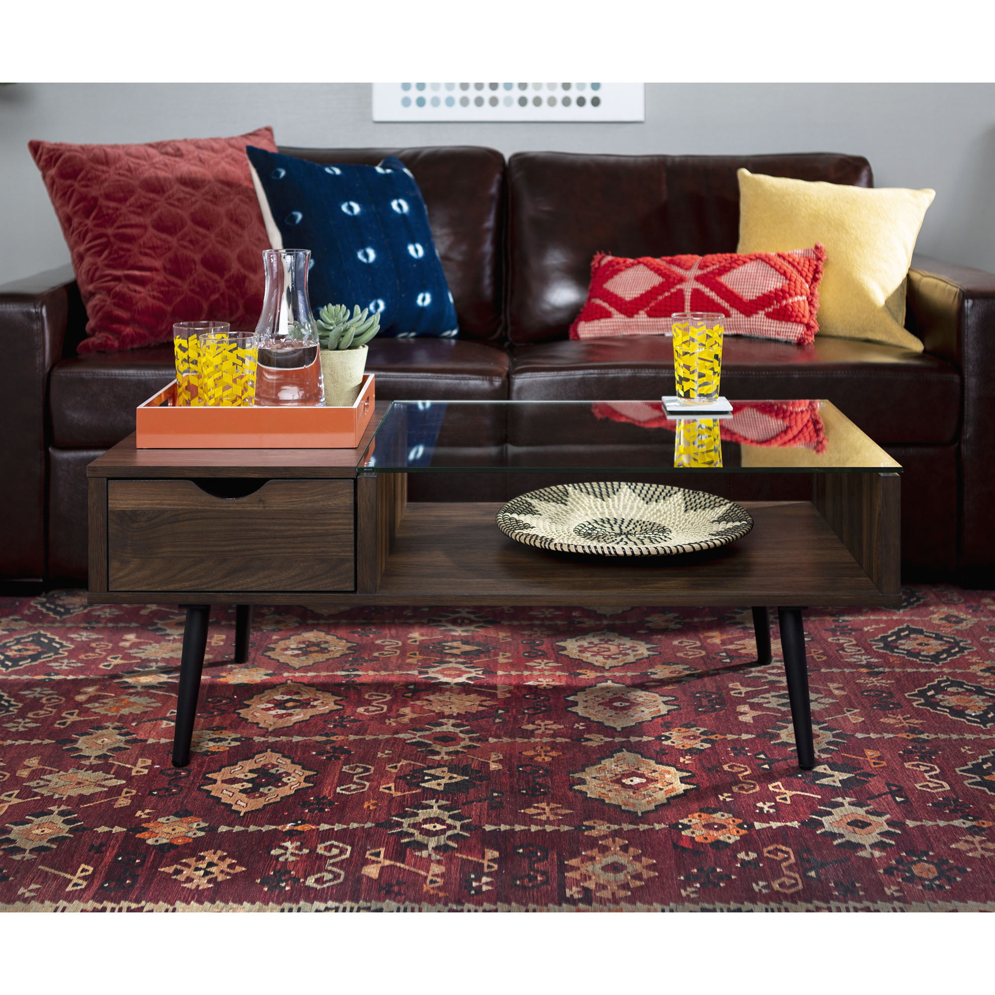 Bellamy Studios Booker Single-Drawer Wood/Glass Coffee Table. Walnut Finishes