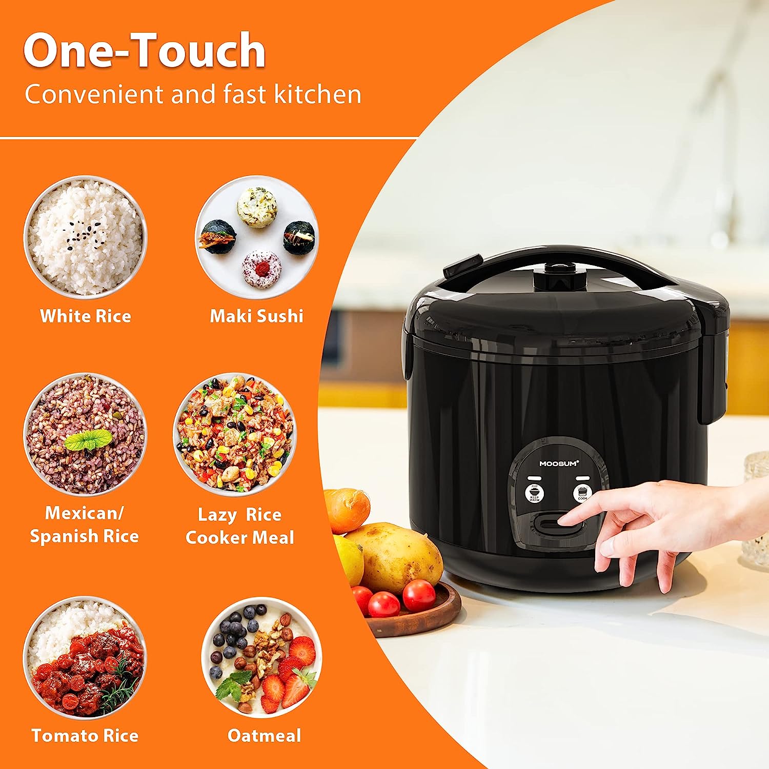 MOOSUM Electric Rice Cooker with One Touch for Asian Japanese Sushi Rice. 5-cup Uncooked/10-cup Cooked. Fast&Convenient Cooker with Steamer. Stainless Steel Housing and Auto Warmer