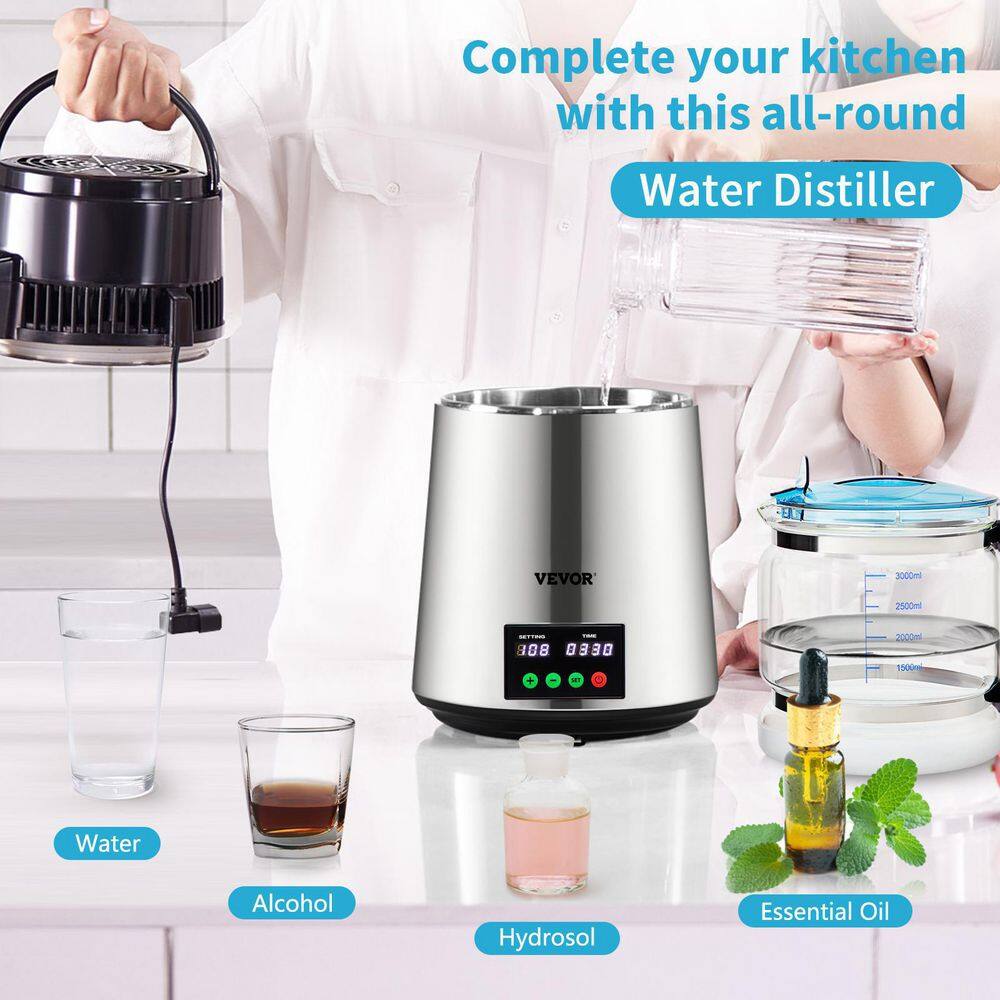 VEVOR  1.1Gal. Water Distiller 0.3Gal./H Distilled Water Maker Machine 750W 0-99H Timing Setting Temp Display Distiller. Silver