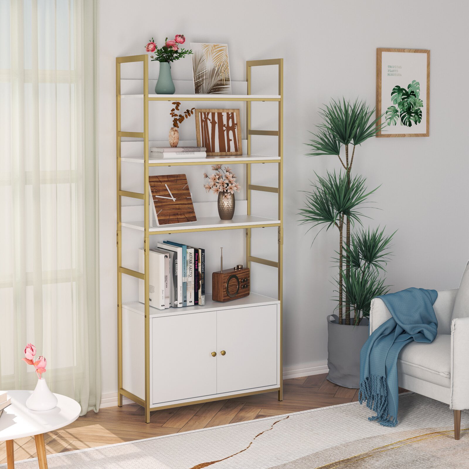 Homfa Gold Bookshelf. 4-Tier White Standard Bookcase with Storage Cabinet. Modern Iron Book Shelves Display Shelf with Door for Home Office. White Gold