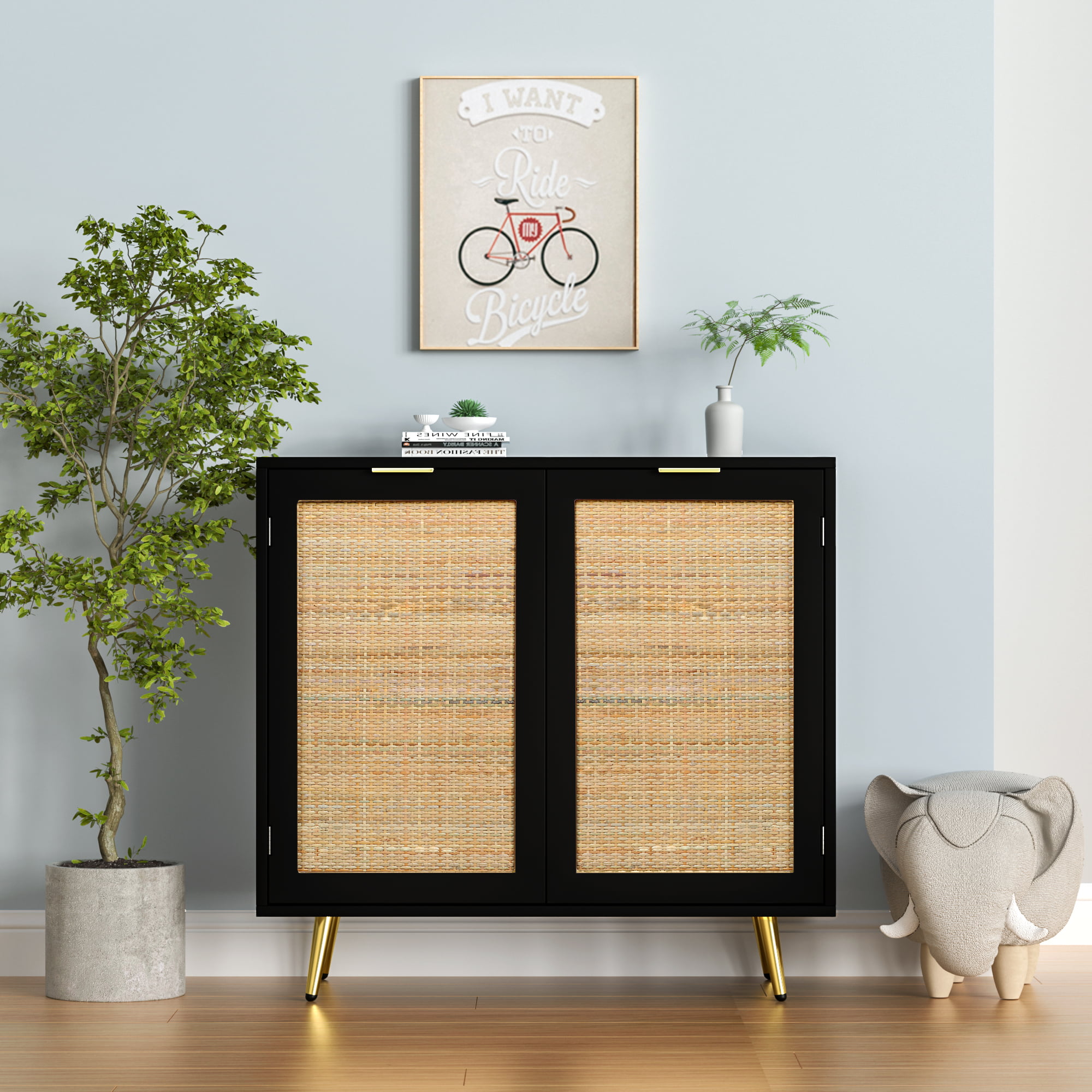 Eumyviv 31.5″ Height Accent Cabinet with 2 Rattan Doors. Mid-Century Storage Sideboard and Buffet Cupboard. Black Kitchen Furniture. H0060