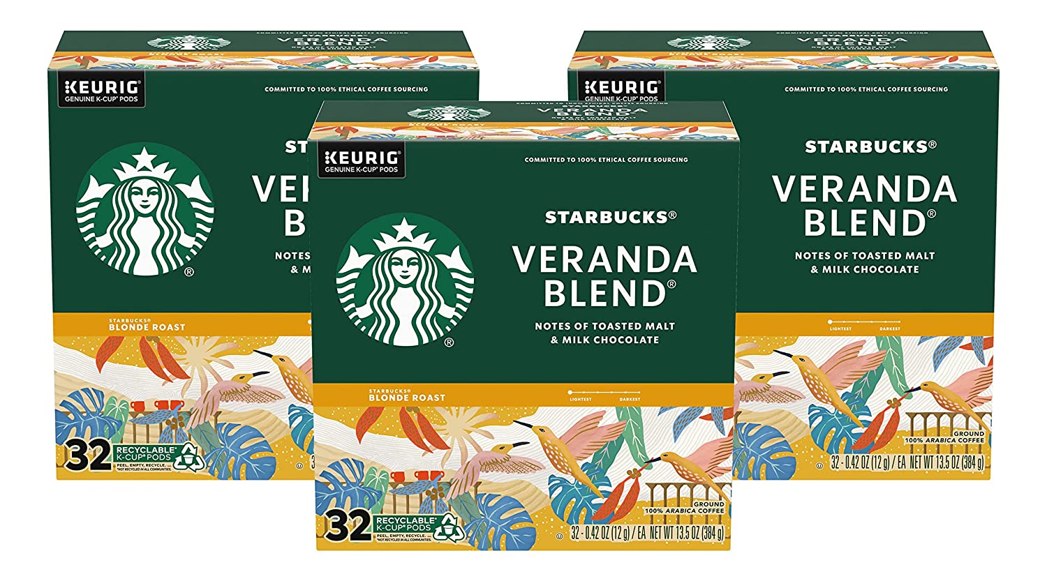 Starbucks Coffee K-Cup Pods. Veranda Blend. Blonde Roast Coffee. Notes of Toasted Malt & Milk Chocolate. Keurig Genuine K-Cup Pods. 32 CT K-Cups/Box (Pack of 3 Boxes)