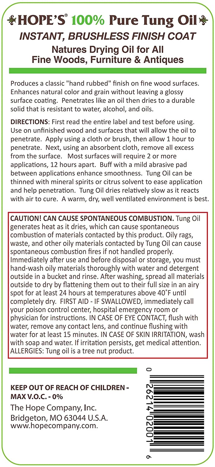 Hope-s Pure Tung Oil. Waterproof Natural Wood Finish and Sealer. 16 Fl Oz