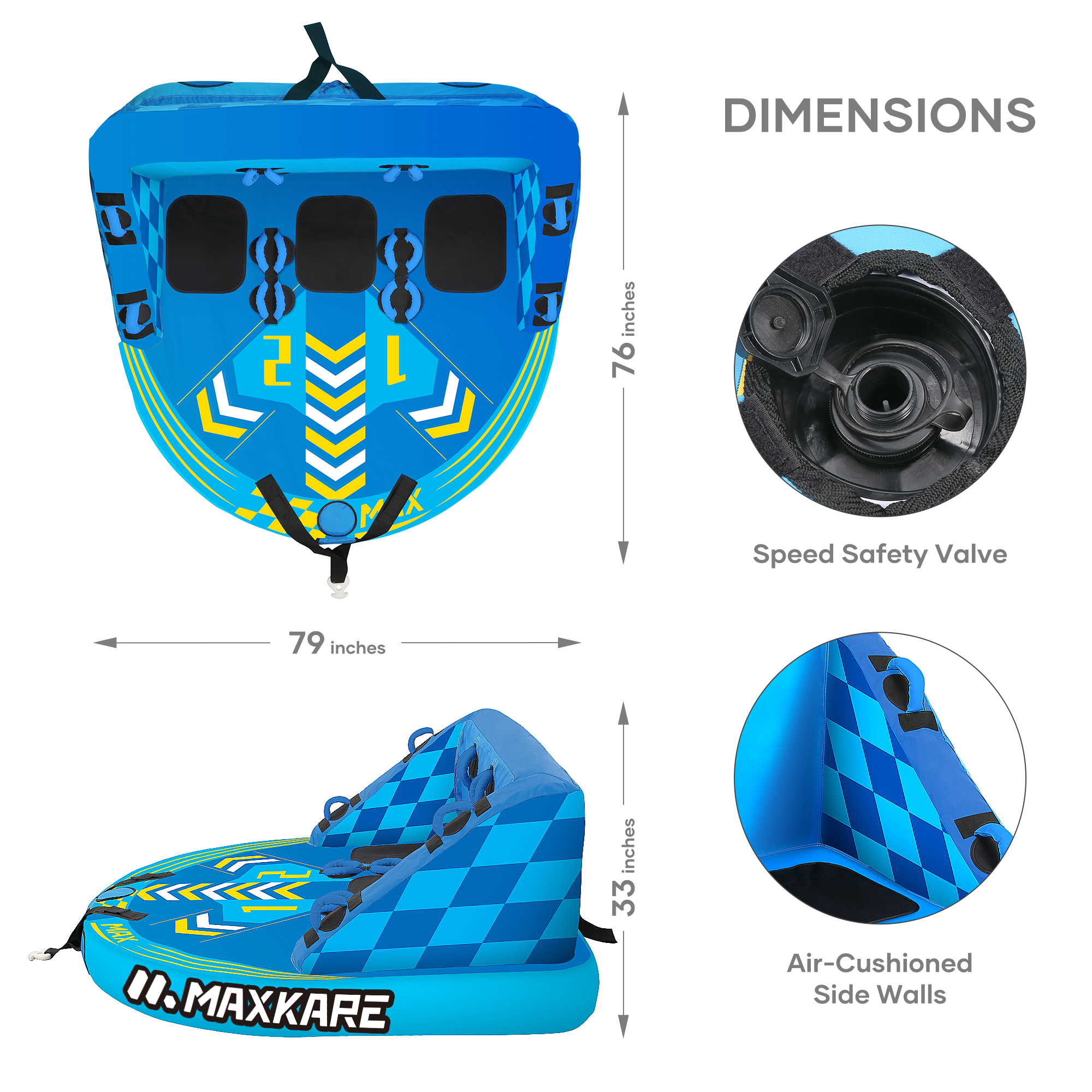 Maxkare 3 Person Inflatable Towable Tube for Boating 79” × 76” × 33”. Blue