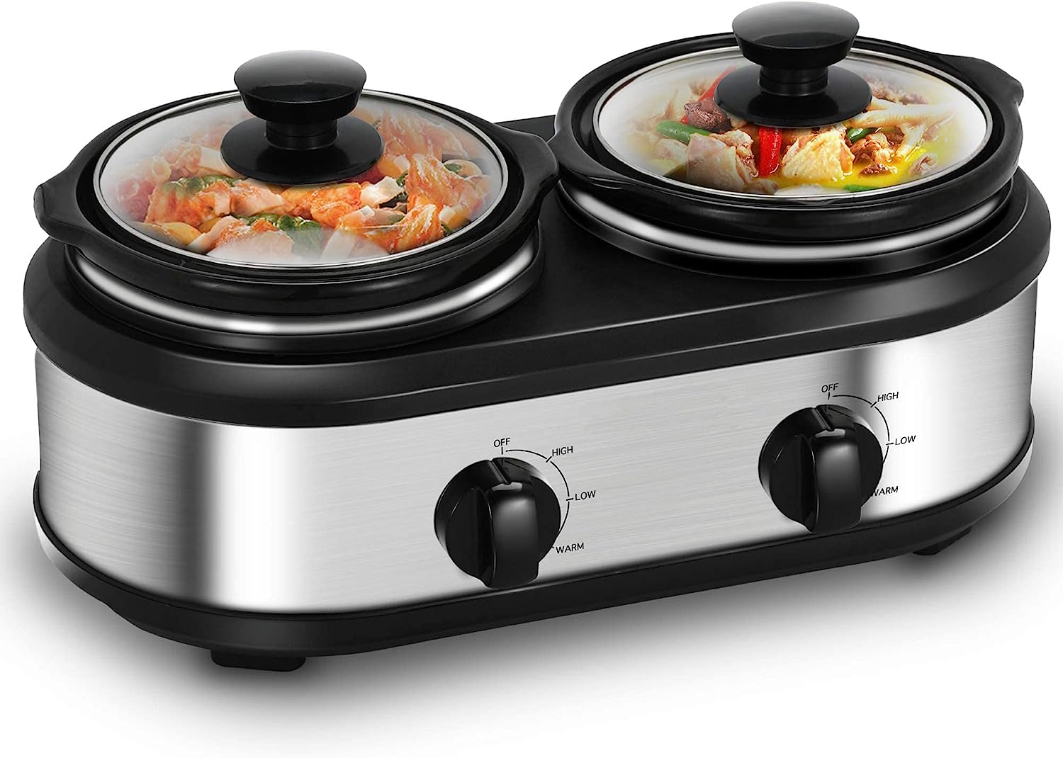 Double Slow Cooker. Buffet Servers and Warmers. Dual 2 Pot Slow Cooker Food Warmer. Adjustable Temp Dishwasher Safe Removable Ceramic Pot Glass Lid. 2 x 1.25 QT Portable Small Crock Cooker
