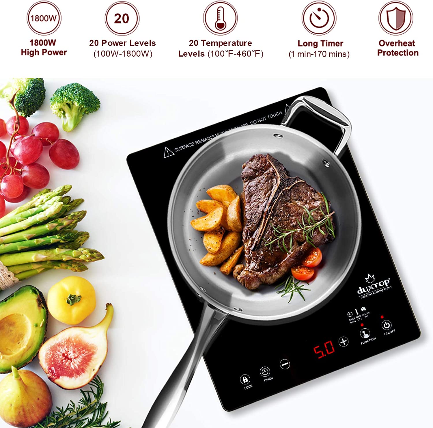 Duxtop Portable Induction Cooktop. High End Full Glass Induction Burner with Sensor Touch. 1800W Countertop Burner with Stainless Steel Housing. E200A. Black