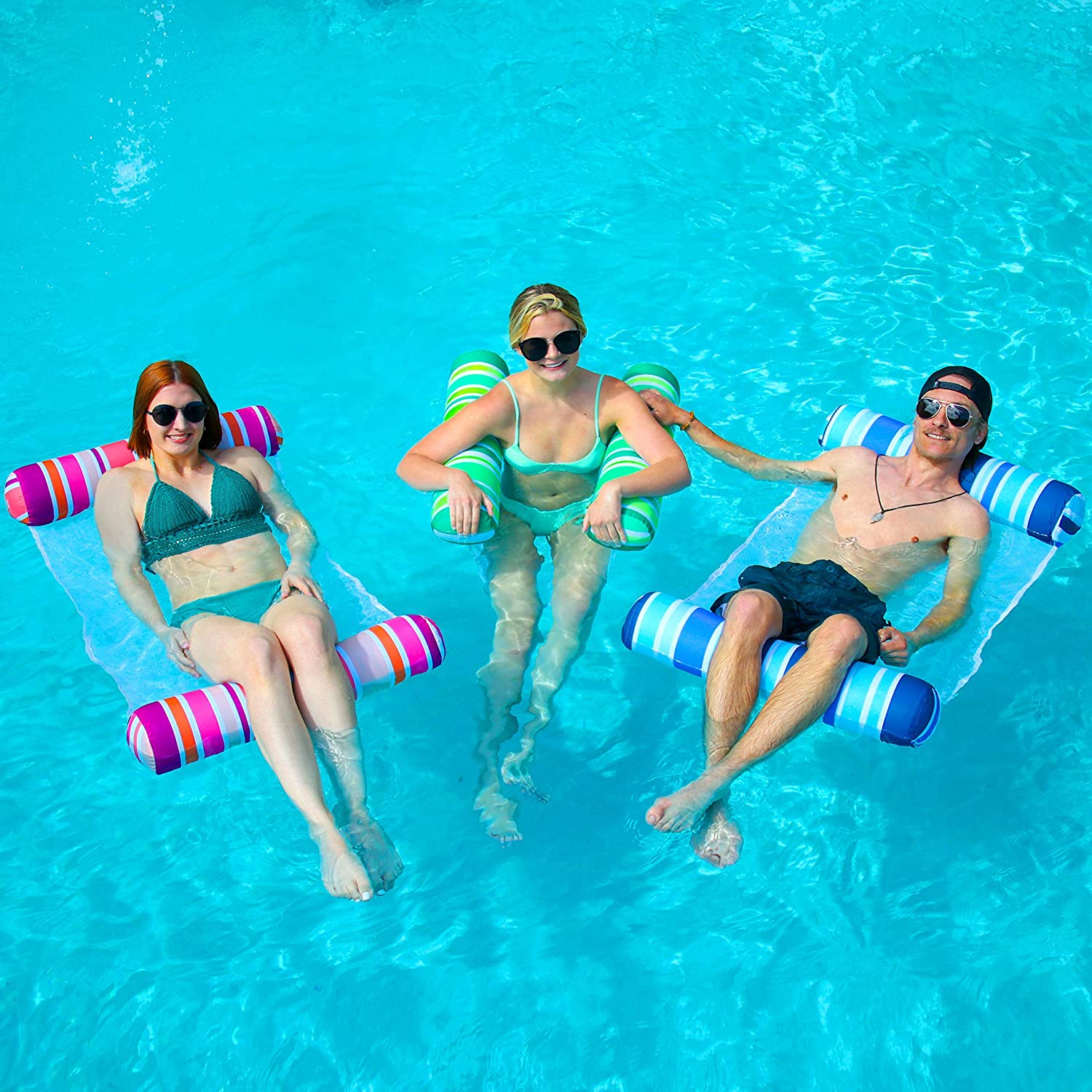 Sloosh 3 Pack Inflatable Pool Float Hammock. Water Hammock Lounges. Multi-Purpose Swimming Pool Accessories (Saddle. Lounge Chair. Hammock. Drifter) for Pool. Lake. Outdoor. Beach