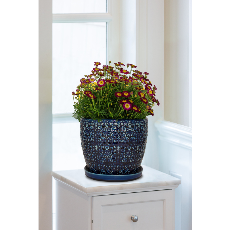 Trendspot Mediterranean 12″ Round Blue Ceramic Planter