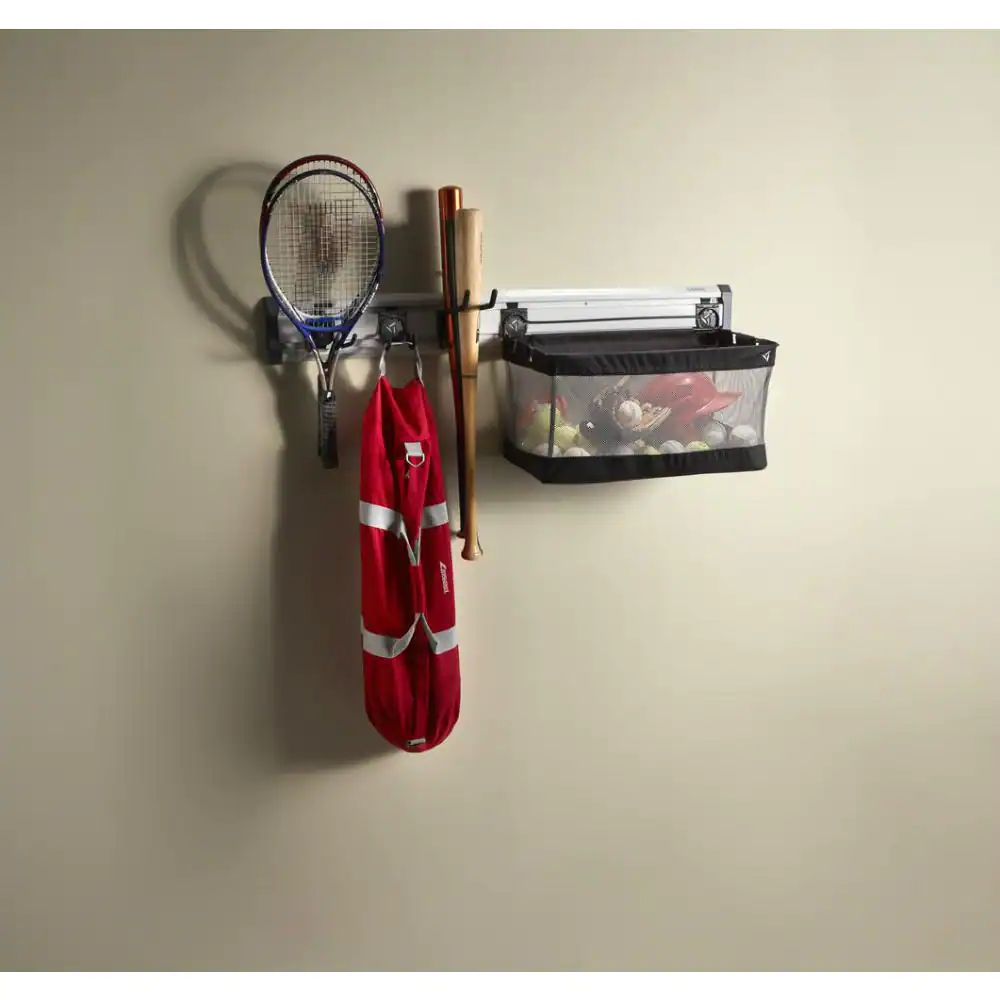 Gladiator GAKT48SSGY 48 in. L GearTrack Sports Garage Wall Storage Kit with 3-Hooks and Mesh Basket