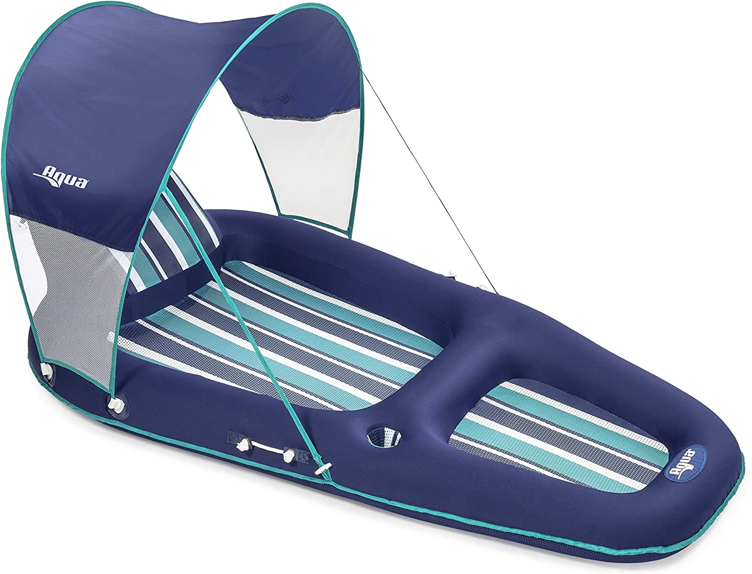 Aqua Ultimate Pool Float Lounger with UPF 50 Canopy and Cupholder – Heavy Duty. Inflatable Pool Lounge for Adults – Navy/Aqua/White Stripe