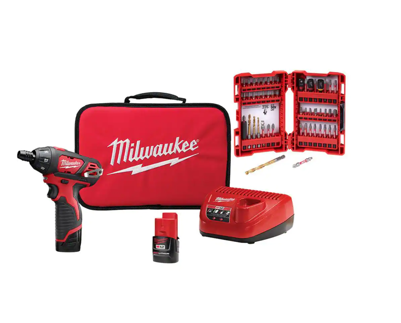 Milwaukee M12 12V Lithium-Ion Cordless 1/4 in. Hex Screwdriver Kit w/ SHOCKWAVEImpact Duty Driver Alloy Steel Bit Set (50-Pc)