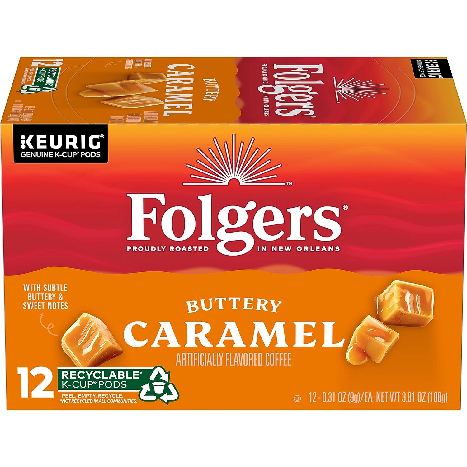Folgers Buttery Caramel Flavored Coffee. 72 Keurig K-Cups Pods