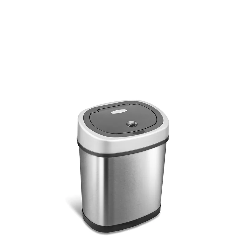 NINESTARS DZT-12-9 Automatic Touchless Infrared Motion Sensor Trash Can. 3 Gal. 12 L.. Stainless Steel (Oval. Silver/Black Lid)