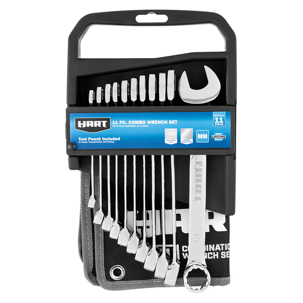 HART 11-Piece MM Combination Wrench Set with Tool Pouch. Chrome Vanadium