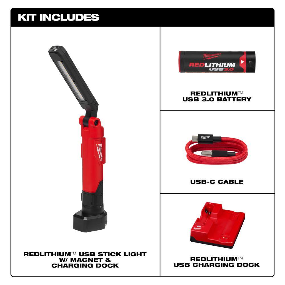 Milwaukee 2128-22 550 Lumens LED REDLITHIUM USB Stick Light with Magnet and Charging Dock