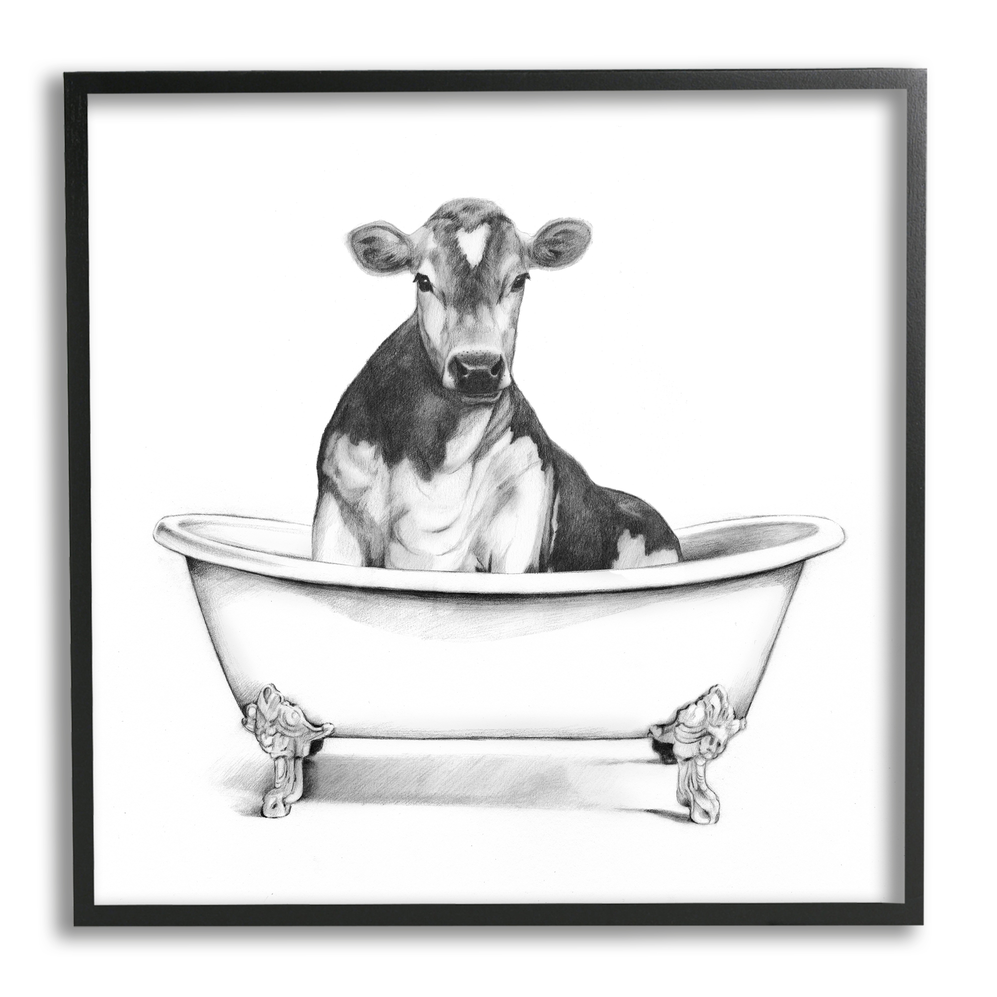 Stupell Industries Cow in Claw Tub Minimal Farm Animal Sketch Drawings Black Framed Art Print Wall Art. 24×24. by Victoria Borges