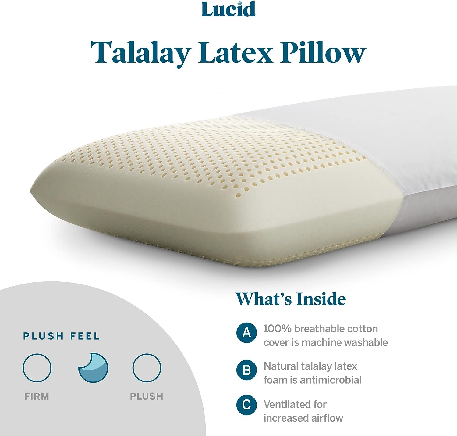 LUCID Talalay Latex Foam Pillow - Mid-Loft - Medium Plush Feel- Removable Cotton Cover. Dorm Room Essentials. Queen