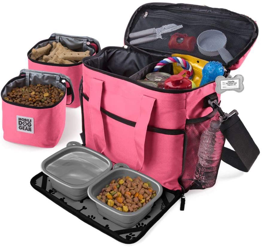 Mobile Dog Gear. Week Away Dog Travel Bag for Medium and Large Dogs. Includes Lined Food Carriers and 2 Collapsible Dog Bowl. Pink. Meets Airline Requirements