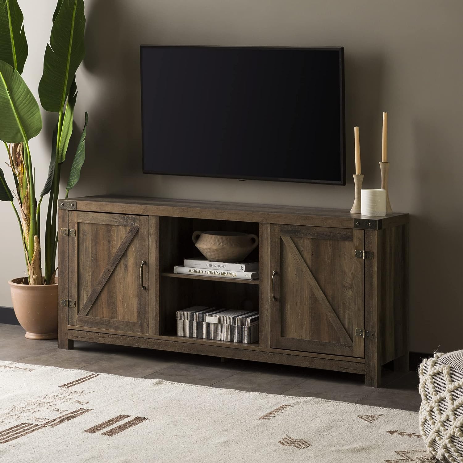 Walker Edison Georgetown Modern Farmhouse Double Barn Door TV Stand for TVs up to 65 Inches. 58 Inch. Rustic Oak