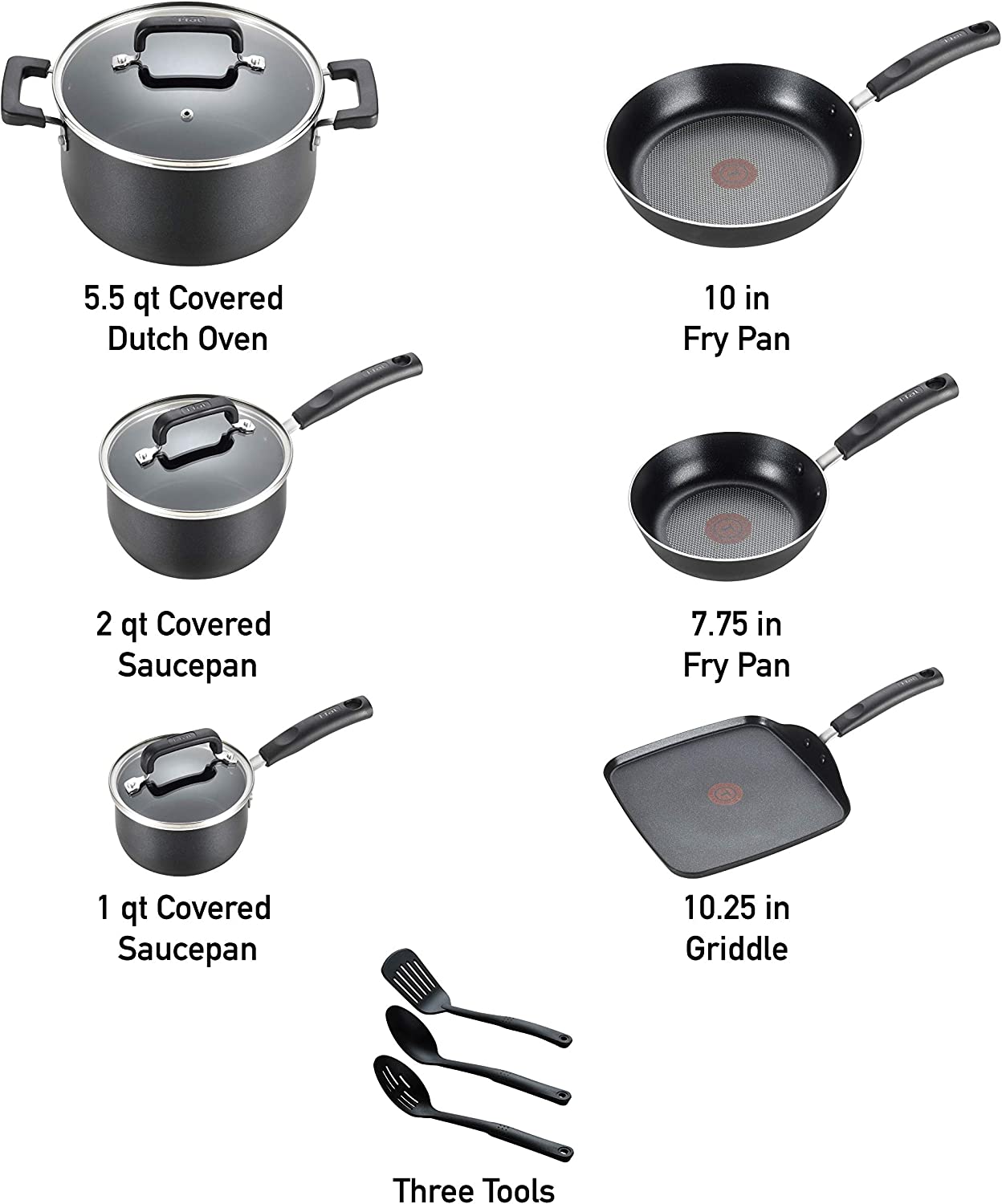 T-fal Signature Nonstick Dishwasher Safe Cookware Set. 12-Piece. Black