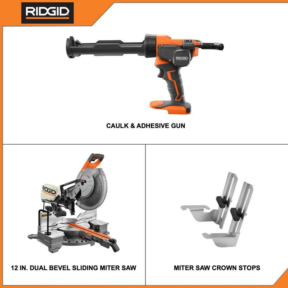 RIDGID R4222-R84044B 15 Amp Corded 12 in. Dual Bevel Sliding Miter Saw with 18V Cordless 10 oz. Caulk Gun and Adhesive Gun