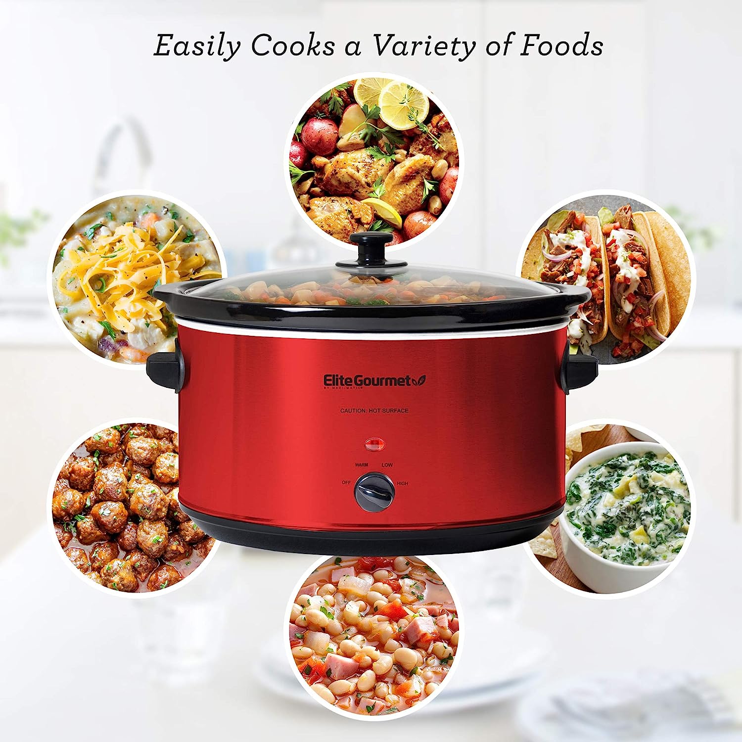 Elite Gourmet MST-900RXT# Electric Ceramic XL Jumbo Slow Cooker. Adjustable Temp. Entrees. Sauces. Stews & Dips. Dishwasher Safe Glass Lid & Crock. 8.5Qt. MetallicRed