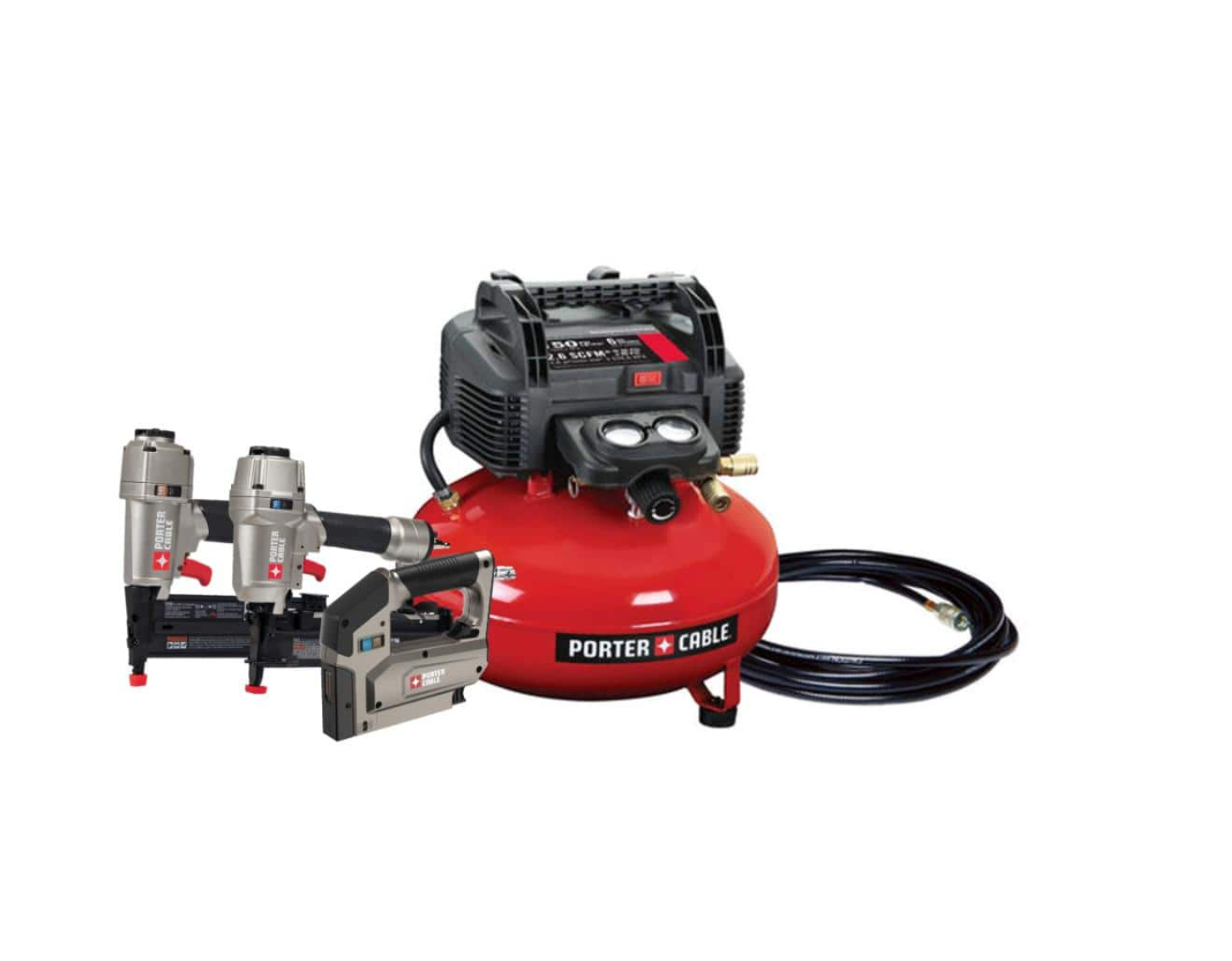 Porter-Cable PCFP12234 6 Gal. 150 PSI Portable Electric Air Compressor. 16-Gauge Nailer. 18-Gauge Nailer and 3/8 in. Stapler Combo Kit (3-Tool)